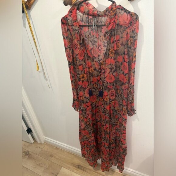Anthropologie The Marais Printed Chiffon Maxi Dress- Red Motif Floral - Picture 5 of 16